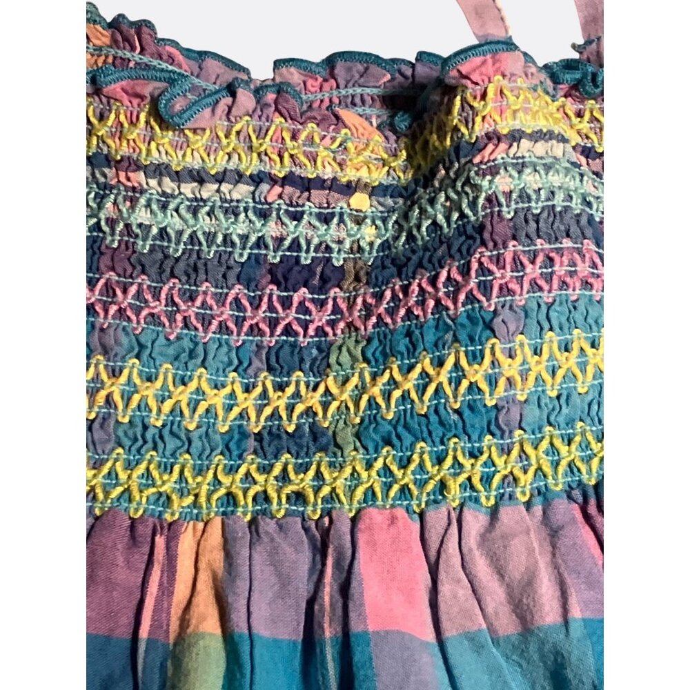 Plaid Smocked Sundress BlueTeal Multicolor Cotton Shirred Bodice Ruffle Hem sz 5 - Picture 4 of 9